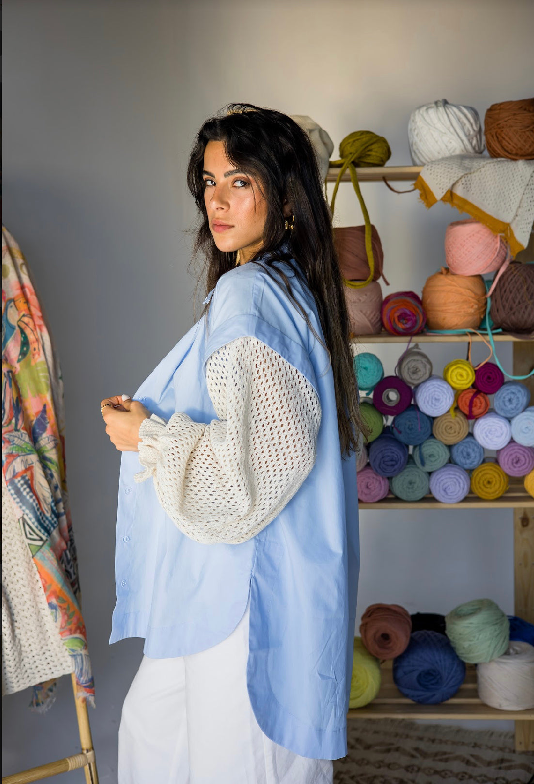 Crochet Sleeves Shirt - Blue