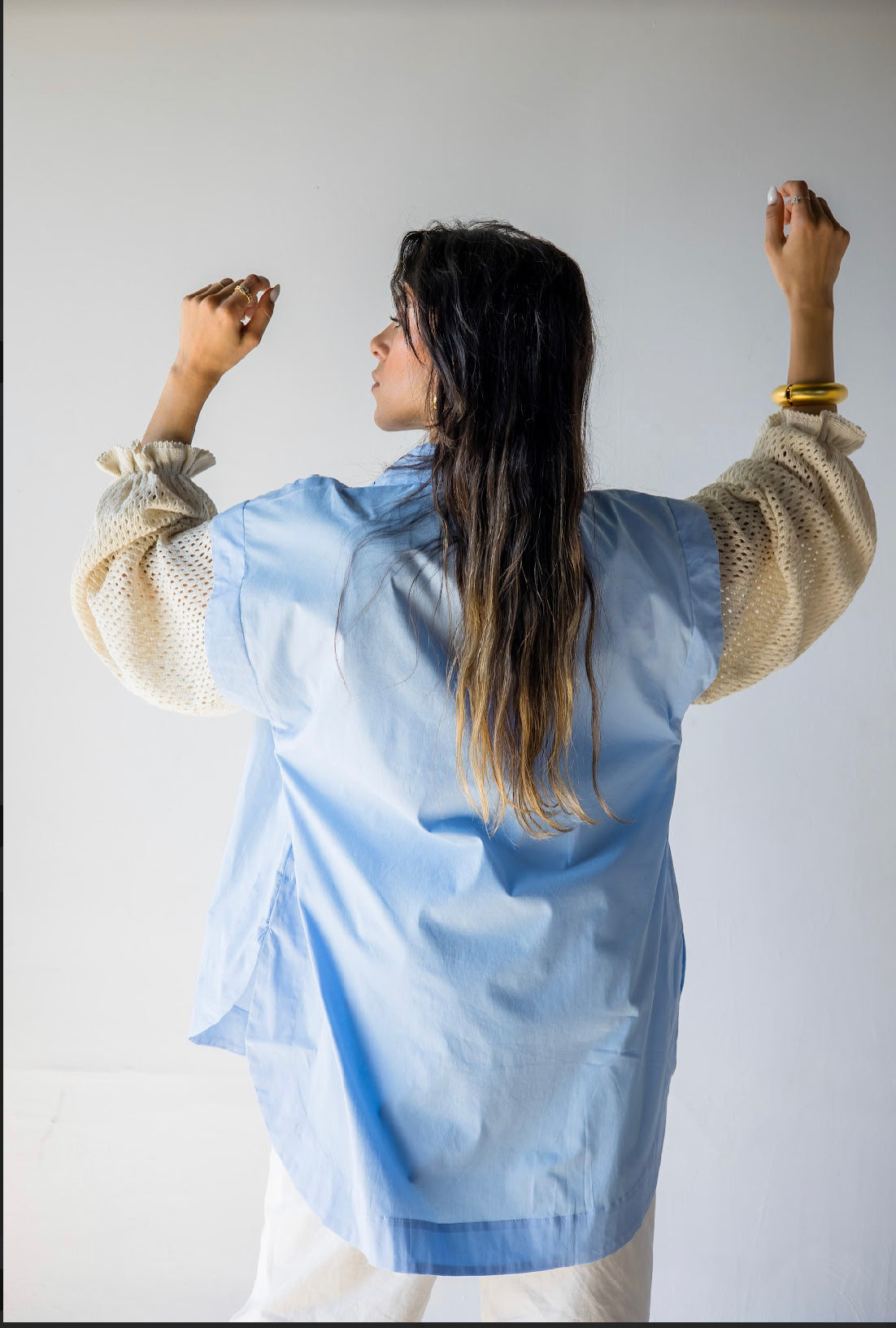 Crochet Sleeves Shirt - Blue