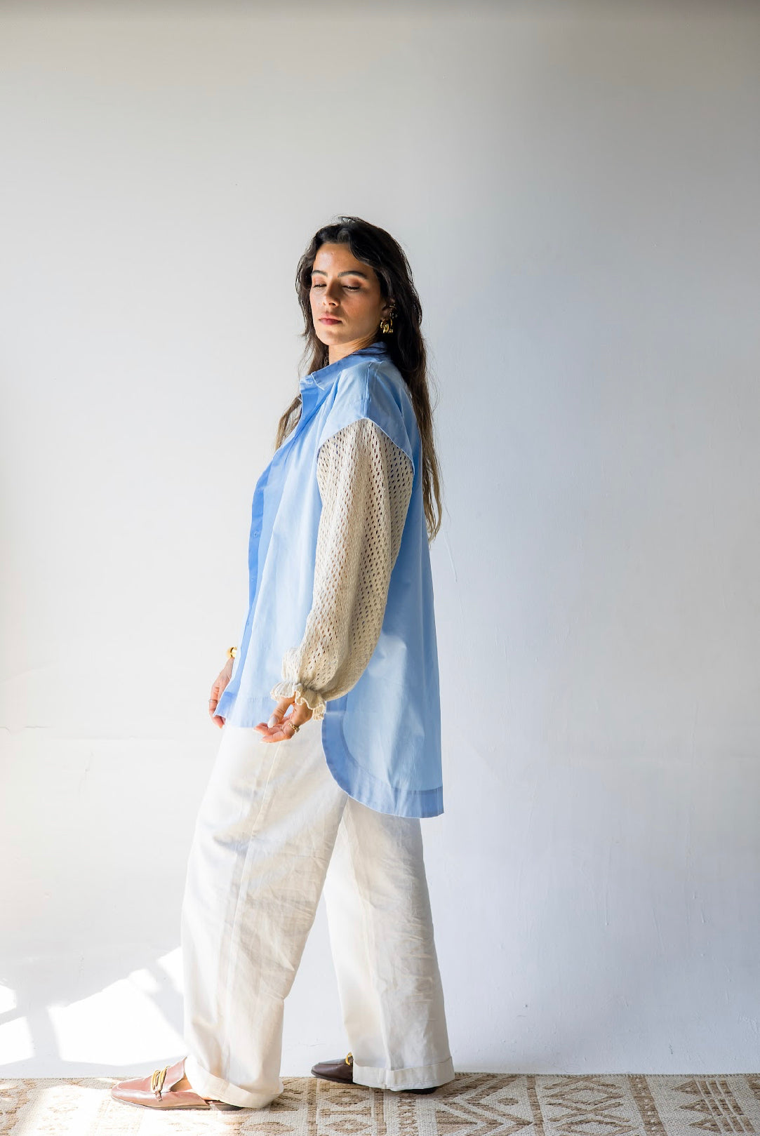 Crochet Sleeves Shirt - Blue