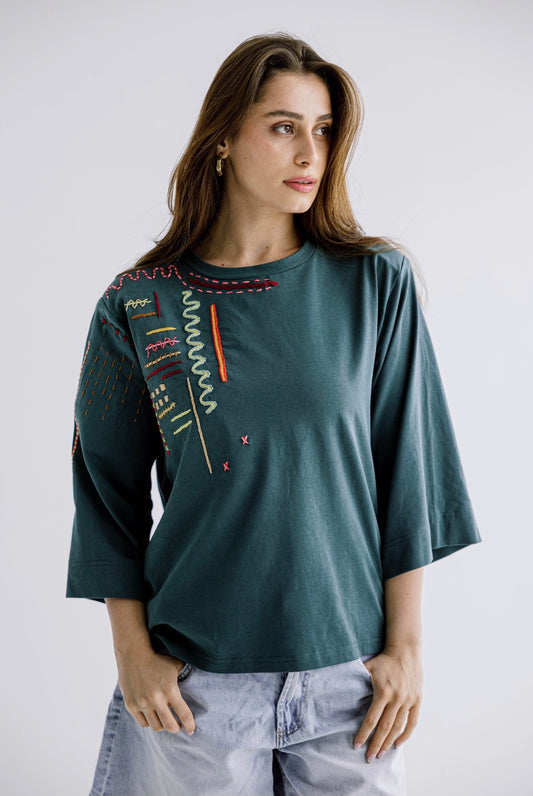 The Sketch Embroidered Tee in Green