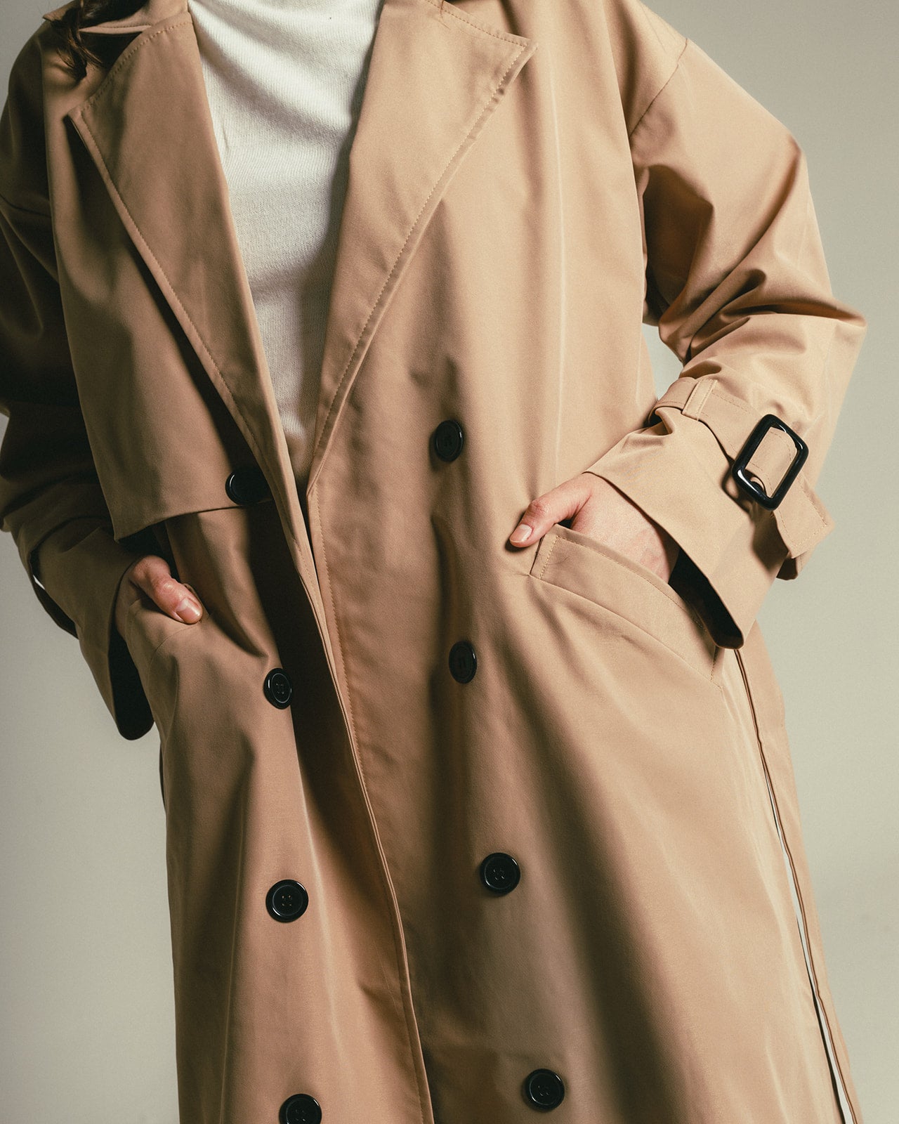 Camel Trench Coat with Black Buttons