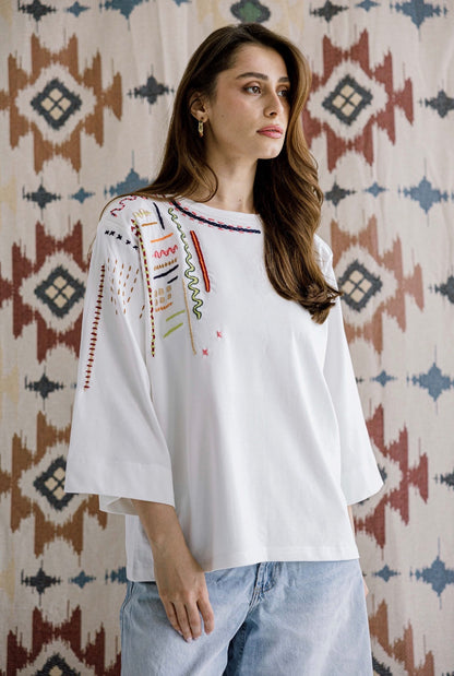 The Sketch Embroidered Tee in Offwhite