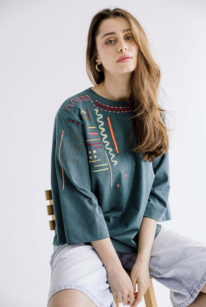 The Sketch Embroidered Tee in Green
