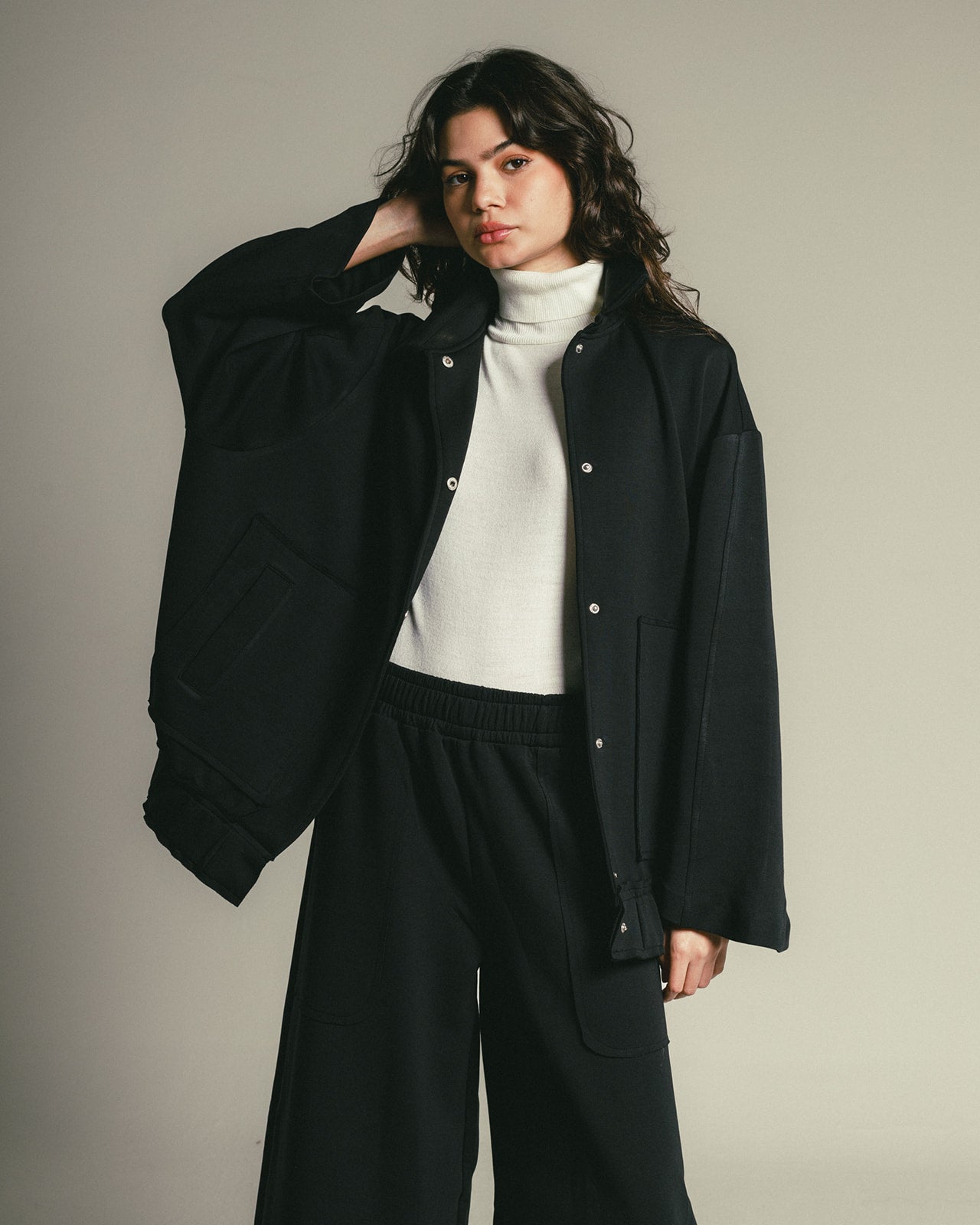 Modal Set with Oversize Jacket and Loose Fit Pants in Black