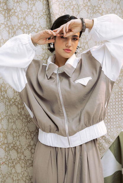 Ivory Edge Jacket in Taupe x White