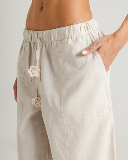 Flower Linen Pants in Beige