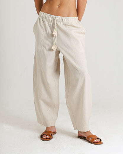 Flower Linen Pants in Beige