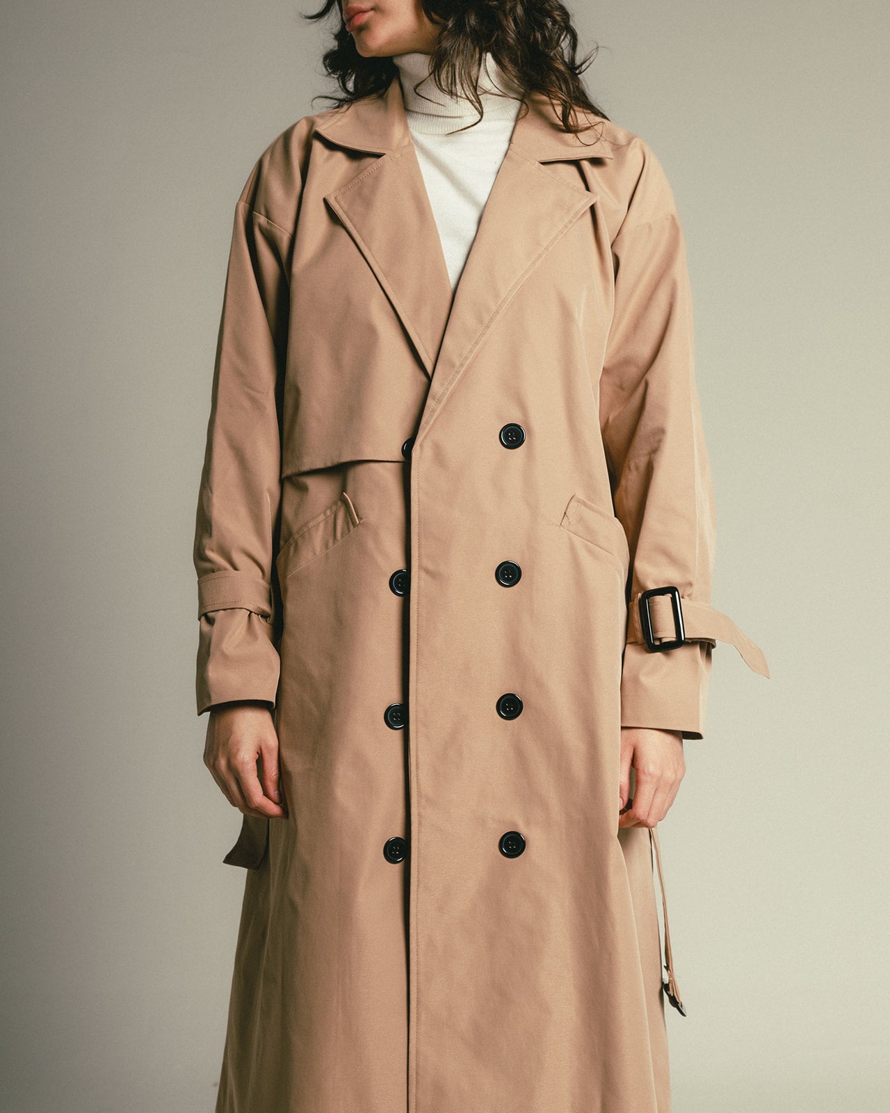 Camel Trench Coat with Black Buttons