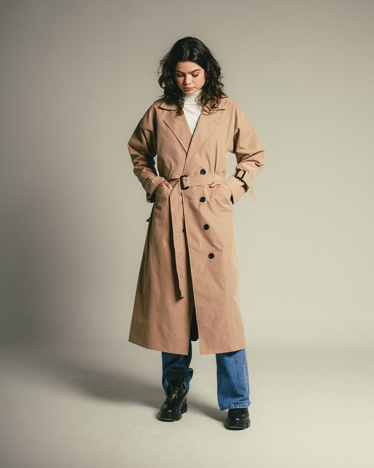 Camel Trench Coat with Black Buttons