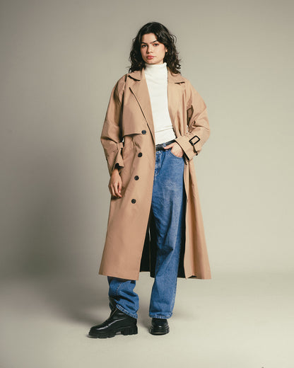 Camel Trench Coat with Black Buttons