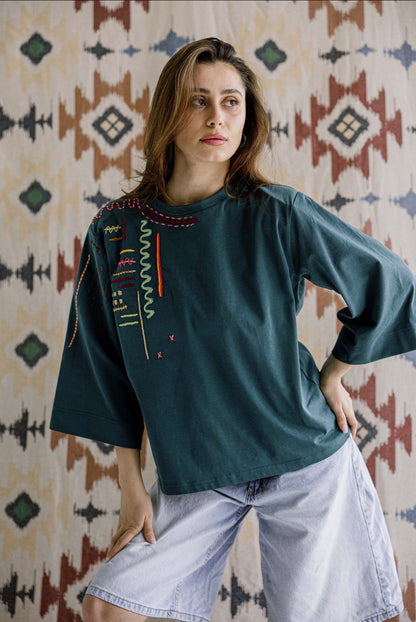 The Sketch Embroidered Tee in Green