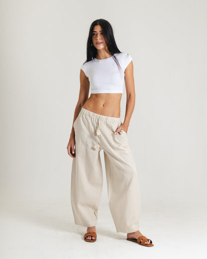 Flower Linen Pants in Beige