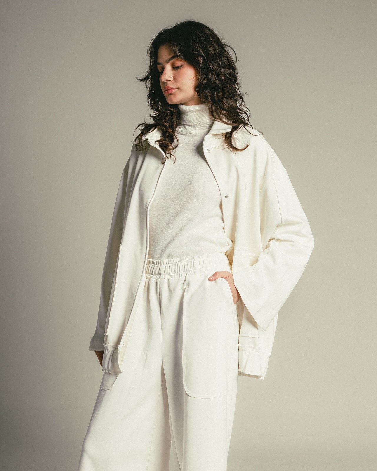 Modal Set with Oversize Jacket and Loose Fit Pants in White