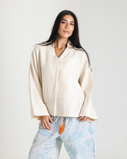 V Linen Shirt in Beige