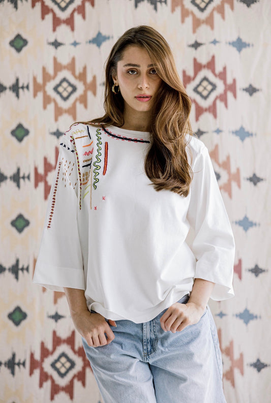 The Sketch Embroidered Tee in Offwhite