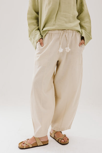 Flower Linen Pants in Beige