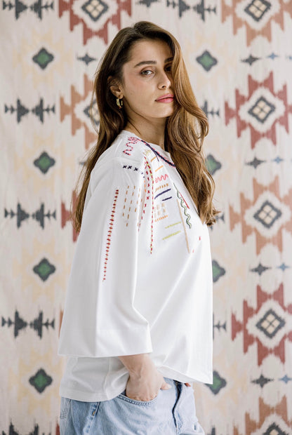 The Sketch Embroidered Tee in Offwhite