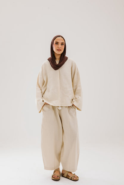 Flower Linen Pants in Beige