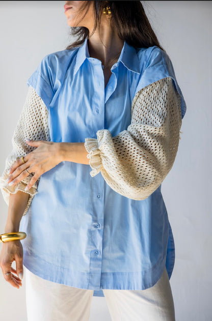 Lima Blue Shirt with Crochet Sleeves