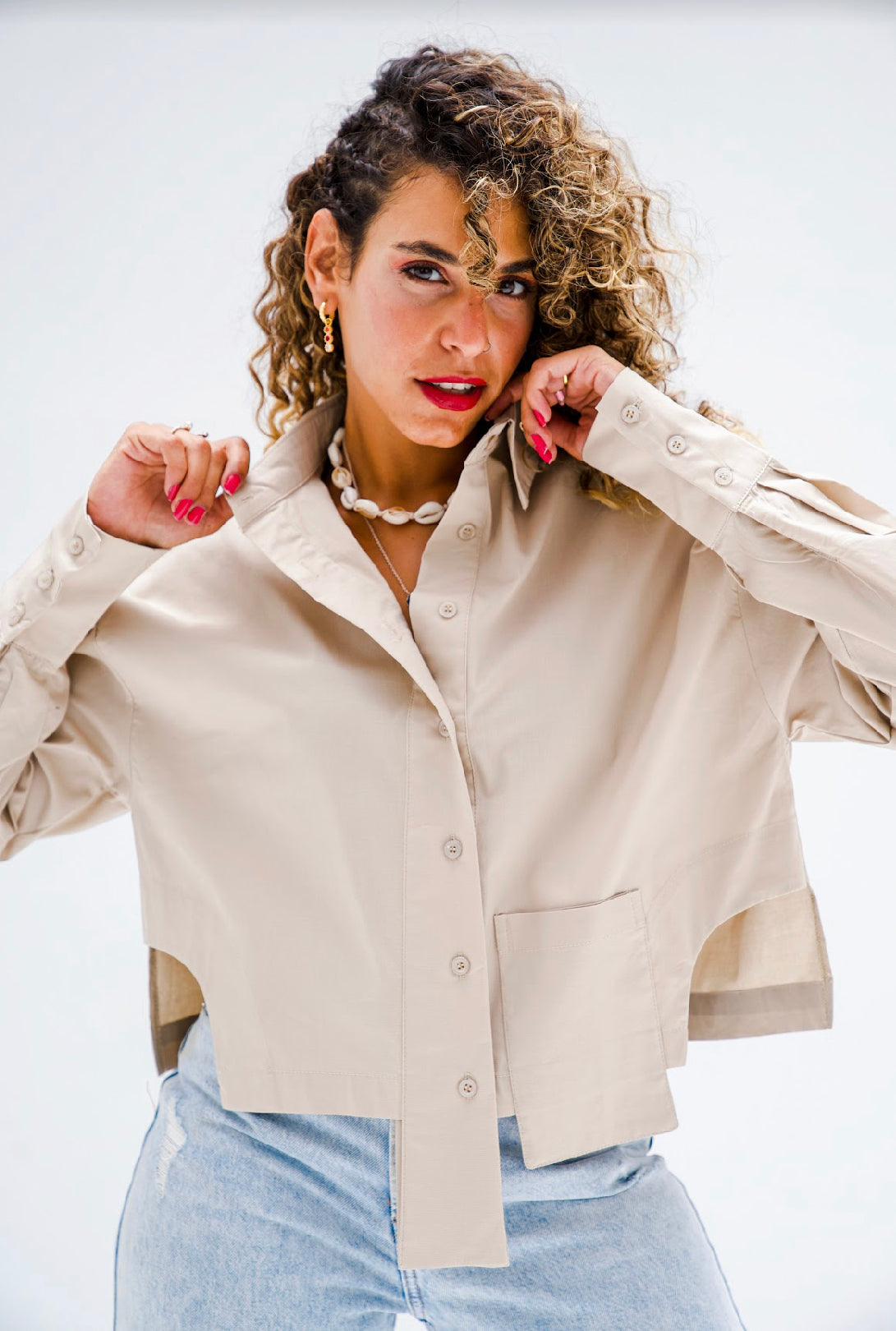 Cropped Poplin Shirt - Beige