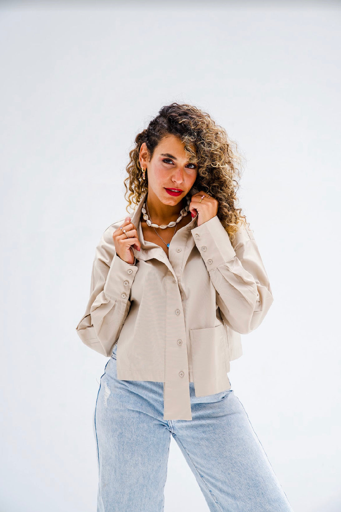 Cropped Poplin Shirt - Beige