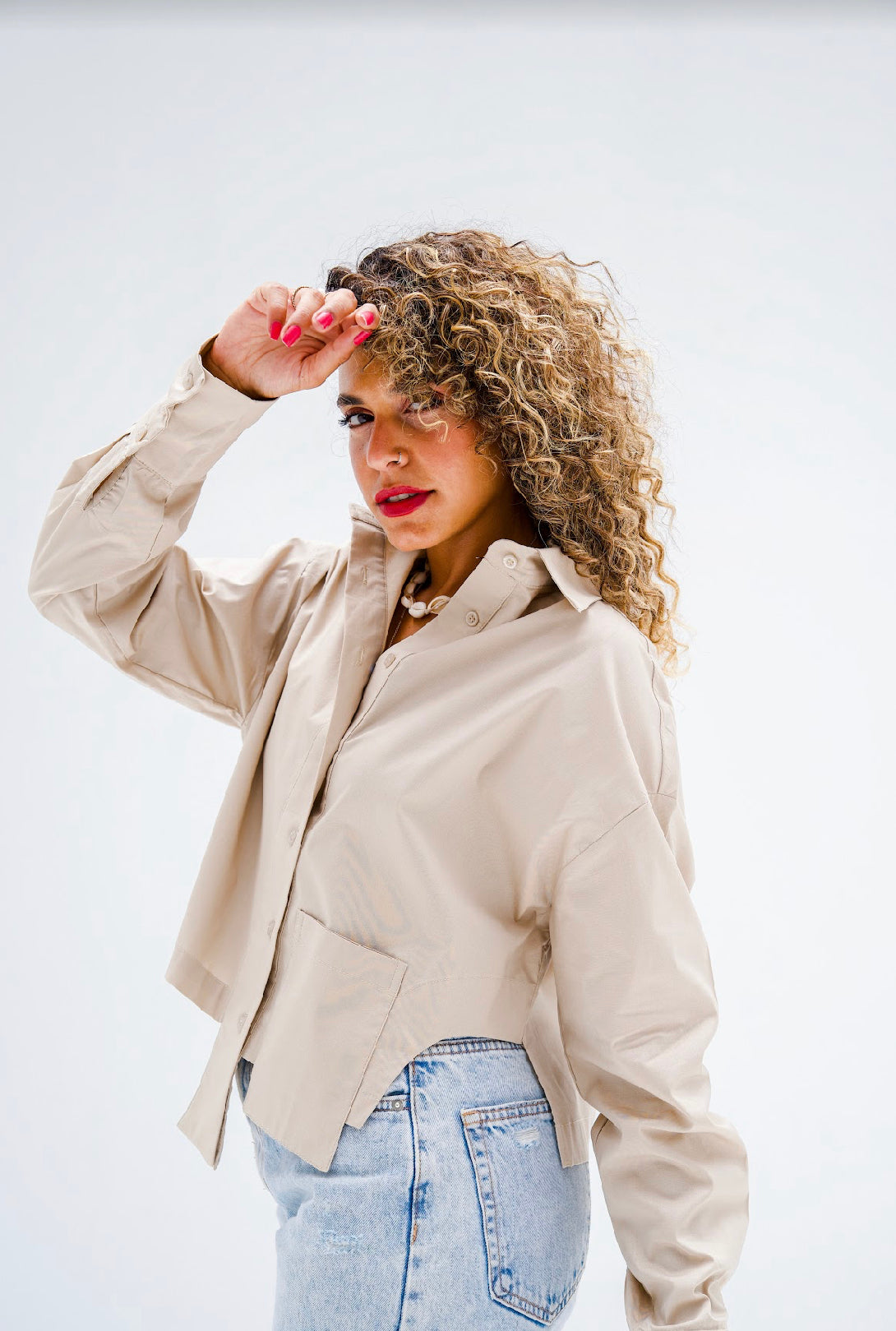 Cropped Poplin Shirt - Beige